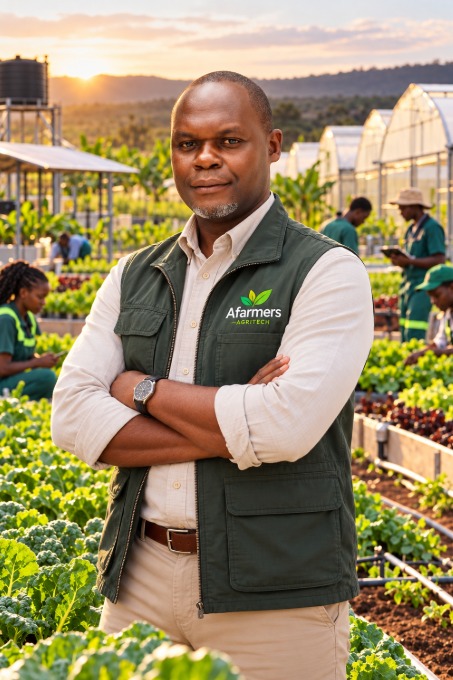 Noah Nasiali Kadima standing in a vegetable field with greenhouses behind him