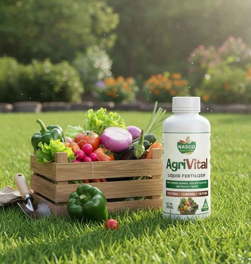 A crate of vegetables beside a bottle of Agrivital fertilizer